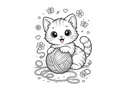 Kleurplaat kat met wol