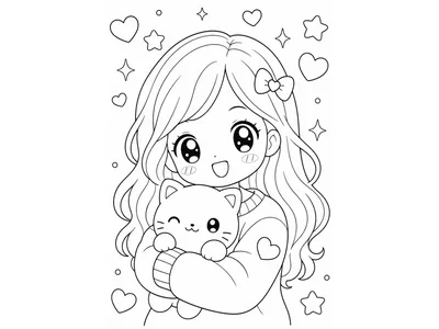 Kawaii kleurplaat meisje met kat