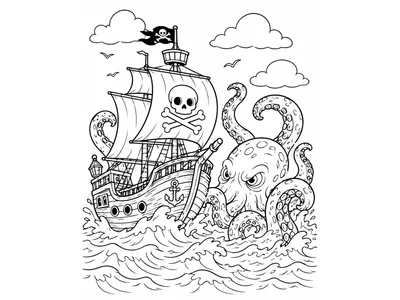 Kleurplaat piratenboot met zeemonster