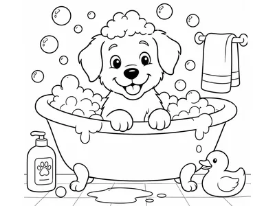 Kleurplaat hond in bad