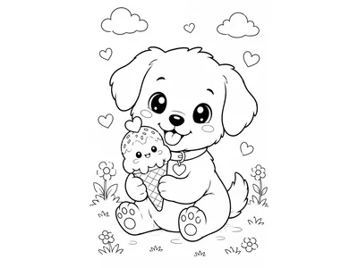 Kleurplaat kawaii hond met ijsje